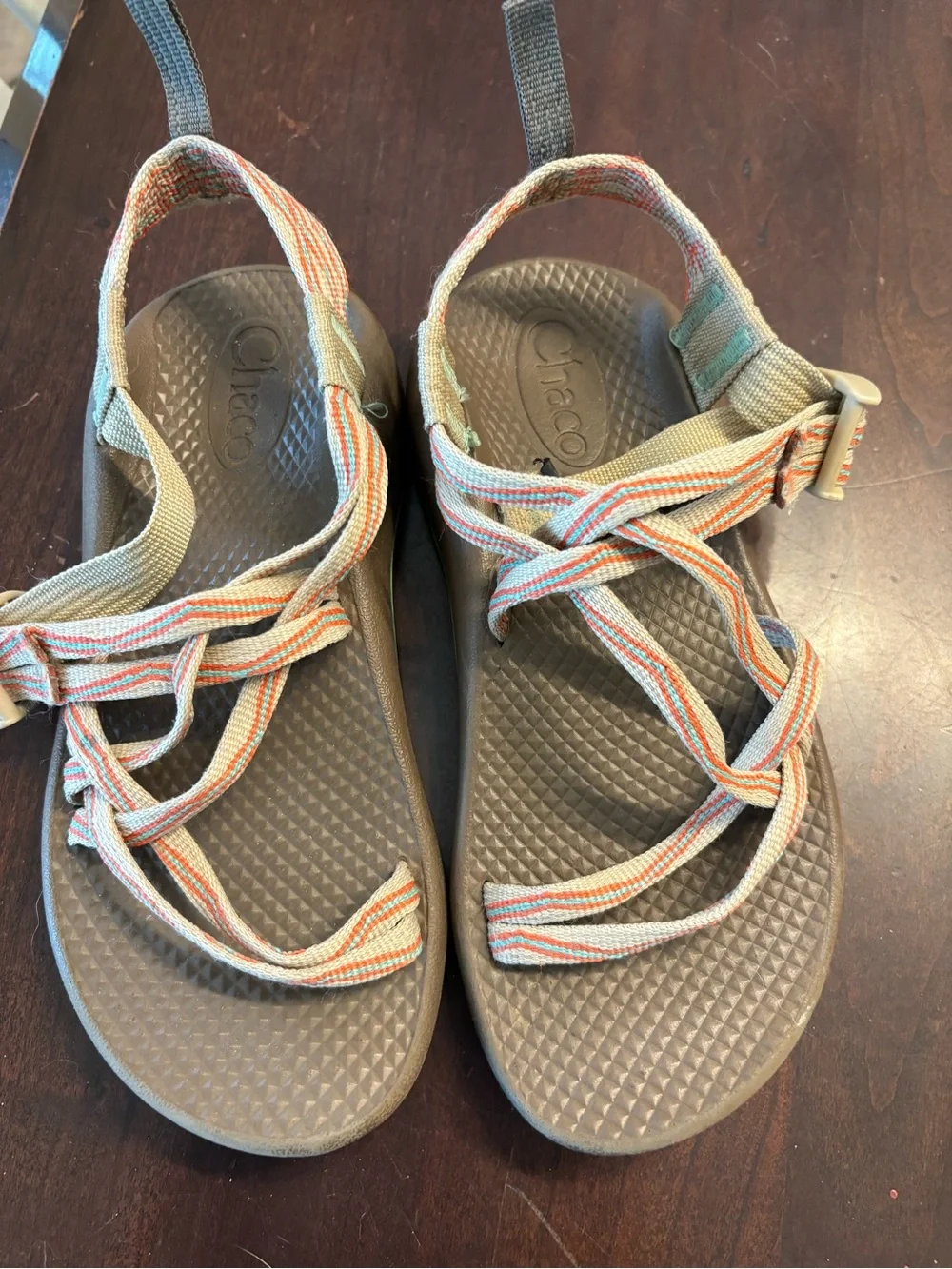 Chaco Brown Sandals with Orange and Teal Stripes